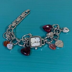Fossil Silver-Tone Heart Charm Bracelet Watch with Multicolor Hearts
